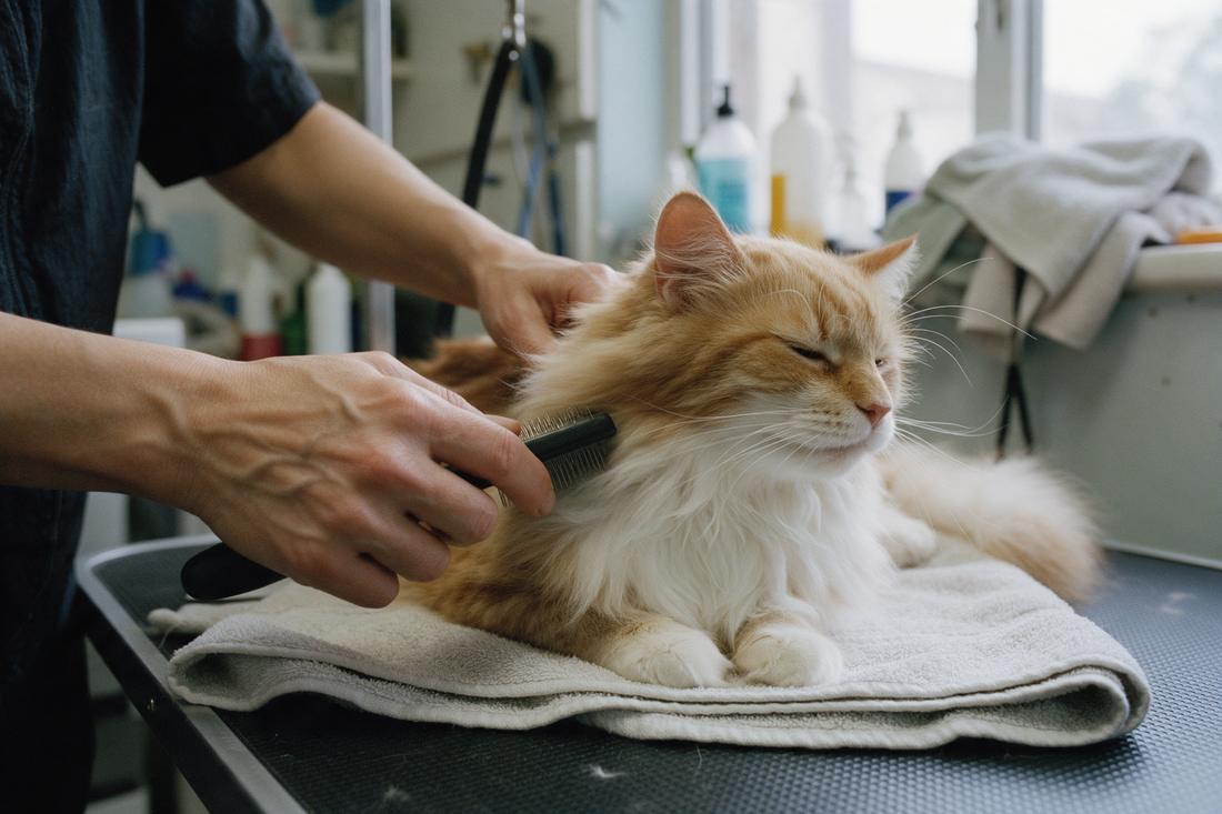 A long-haired cream and ginger cat lying relaxed with half-closed eyes while a groomer gently brushes its ruff.
